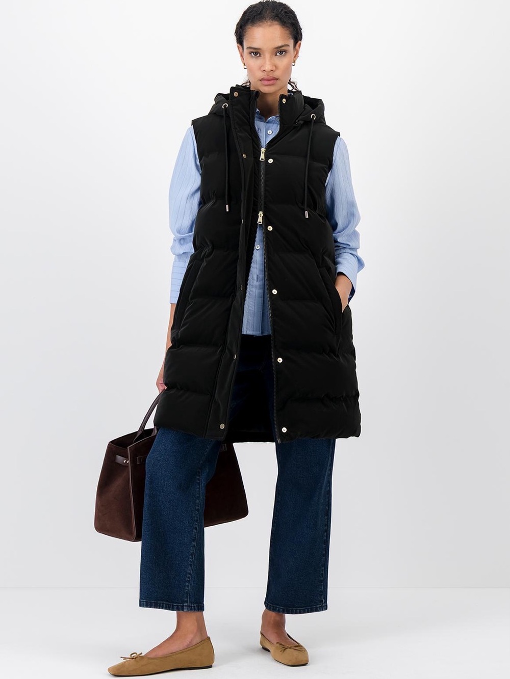 Black Quilted Long Puffer Vest with Hood Versatile Comfy